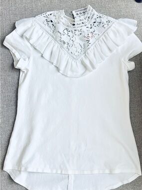 Ted Baker London White Lace Yoke Ruffle Short Sleeve Top